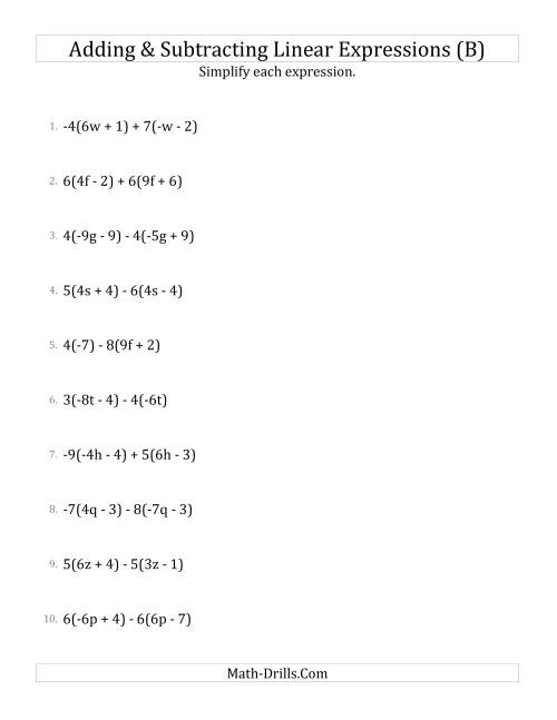 The Adding and Subtracting and Simplifying Linear Expressions with Multipliers (B) Math Worksheet