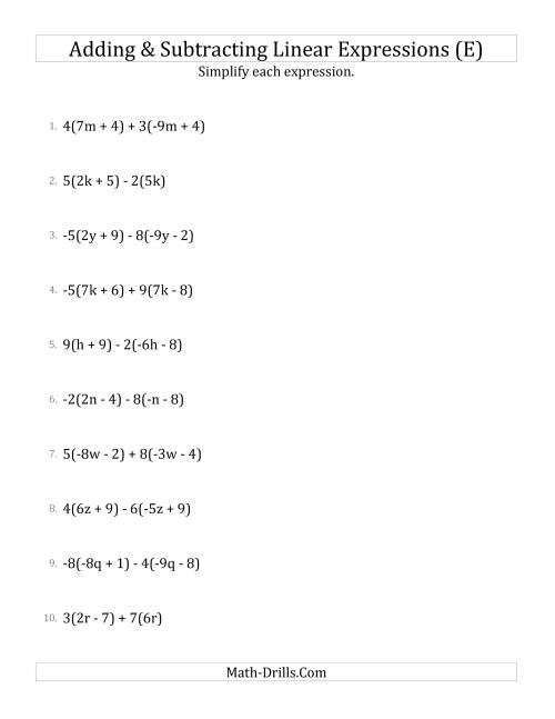 The Adding and Subtracting and Simplifying Linear Expressions with Multipliers (E) Math Worksheet