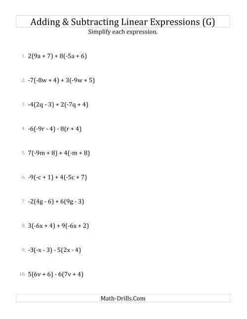 The Adding and Subtracting and Simplifying Linear Expressions with Multipliers (G) Math Worksheet