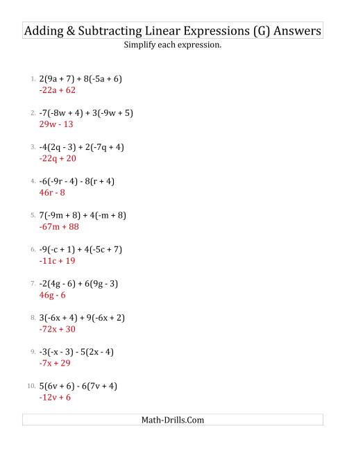 The Adding and Subtracting and Simplifying Linear Expressions with Multipliers (G) Math Worksheet Page 2