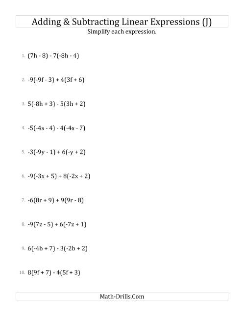 The Adding and Subtracting and Simplifying Linear Expressions with Multipliers (J) Math Worksheet