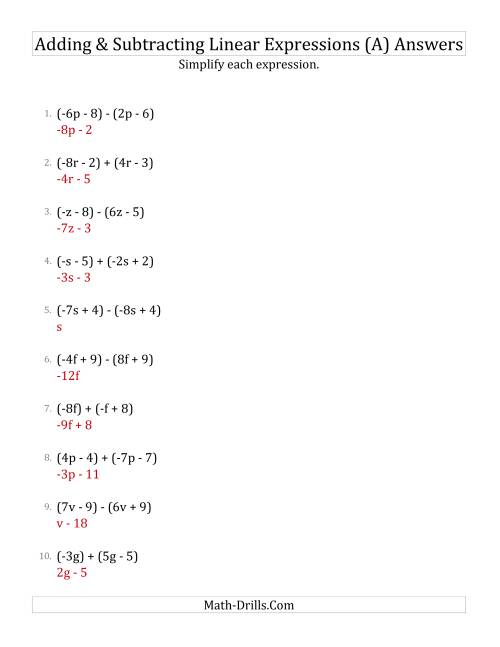 Adding And Subtracting And Simplifying Linear Expressions A 