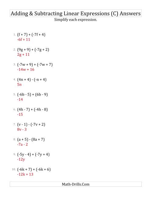 The Adding and Subtracting and Simplifying Linear Expressions (C) Math Worksheet Page 2