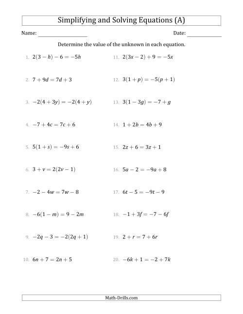 The Combining Like Terms and Solving Simple Linear Equations (A) Math Worksheet