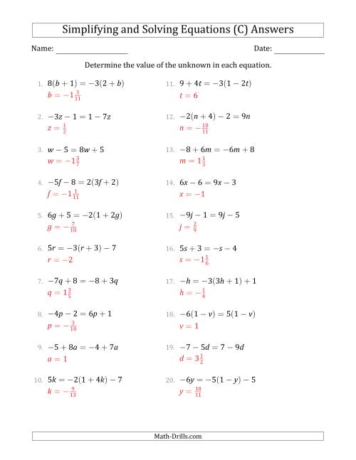 The Combining Like Terms and Solving Simple Linear Equations (C) Math Worksheet Page 2