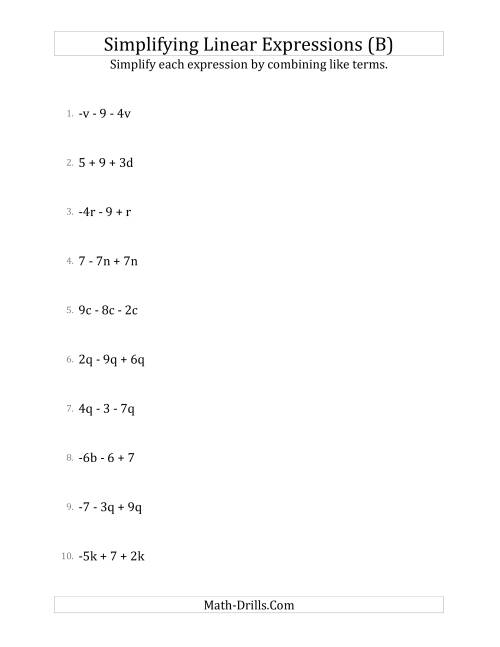 The Simplifying Linear Expressions with 3 Terms (B) Math Worksheet