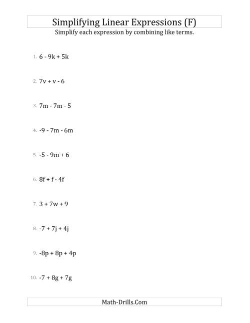 The Simplifying Linear Expressions with 3 Terms (F) Math Worksheet