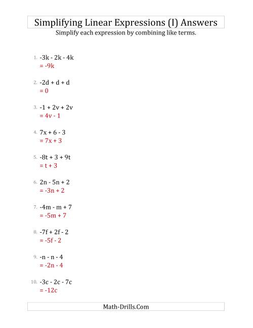 The Simplifying Linear Expressions with 3 Terms (I) Math Worksheet Page 2