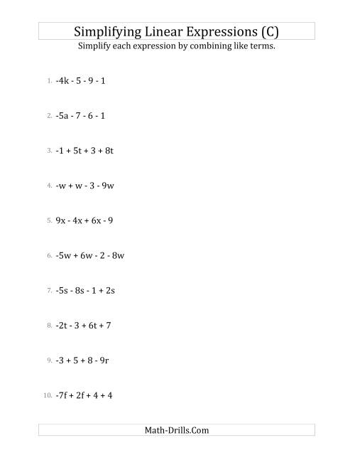 The Simplifying Linear Expressions with 4 Terms (C) Math Worksheet