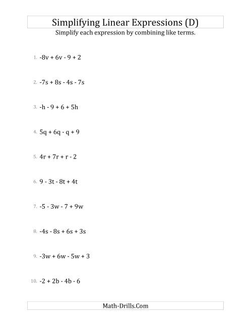 The Simplifying Linear Expressions with 4 Terms (D) Math Worksheet