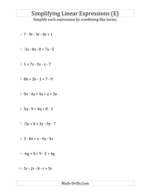The Simplifying Linear Expressions with 5 Terms (E) Math Worksheet