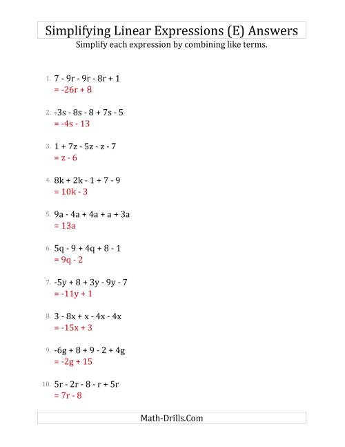 The Simplifying Linear Expressions with 5 Terms (E) Math Worksheet Page 2