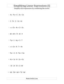 Simplifying Linear Expressions with 5 Terms (I) Algebra Worksheet