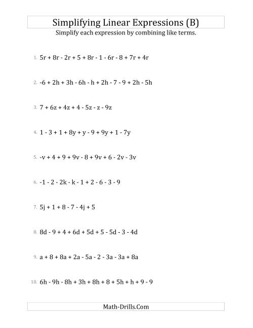 The Simplifying Linear Expressions with 6 to 10 Terms (B) Math Worksheet
