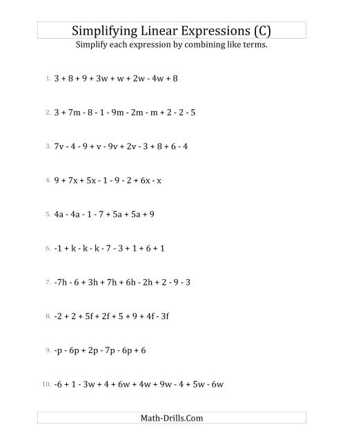 The Simplifying Linear Expressions with 6 to 10 Terms (C) Math Worksheet