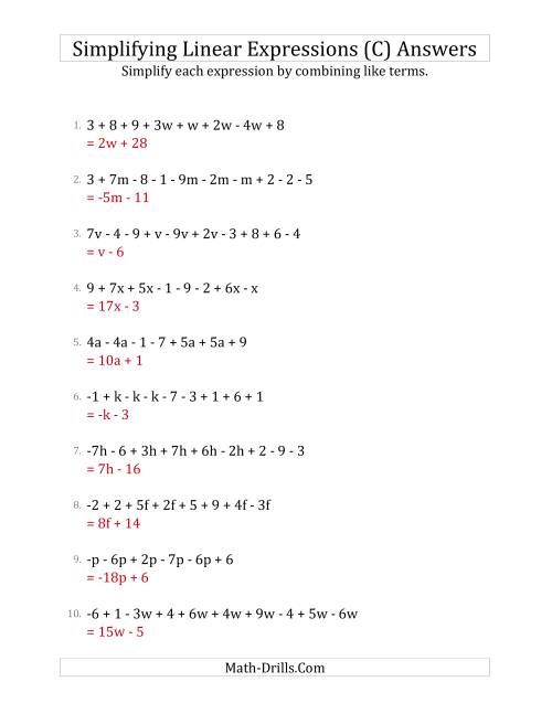 The Simplifying Linear Expressions with 6 to 10 Terms (C) Math Worksheet Page 2