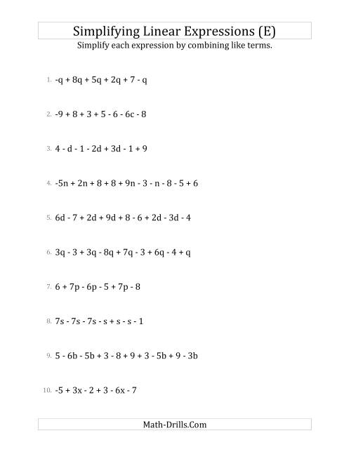 The Simplifying Linear Expressions with 6 to 10 Terms (E) Math Worksheet