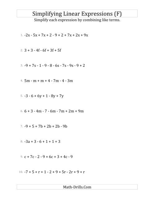 The Simplifying Linear Expressions with 6 to 10 Terms (F) Math Worksheet