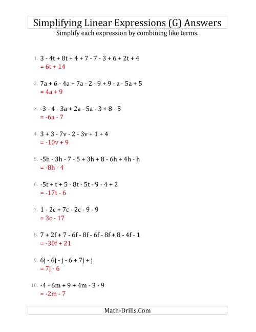 The Simplifying Linear Expressions with 6 to 10 Terms (G) Math Worksheet Page 2