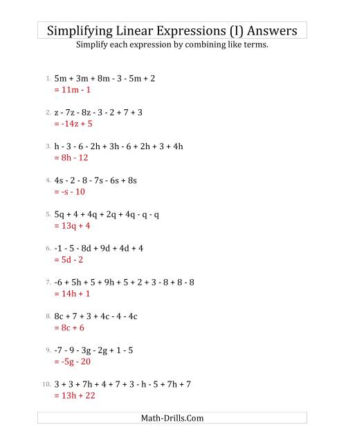 The Simplifying Linear Expressions with 6 to 10 Terms (I) Math Worksheet Page 2