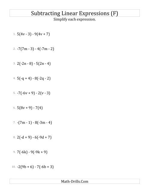 The Subtracting and Simplifying Linear Expressions with Multipliers (F) Math Worksheet