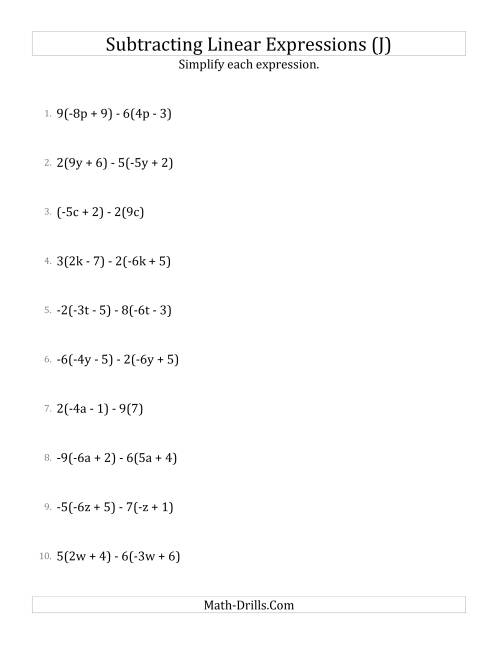 The Subtracting and Simplifying Linear Expressions with Multipliers (J) Math Worksheet
