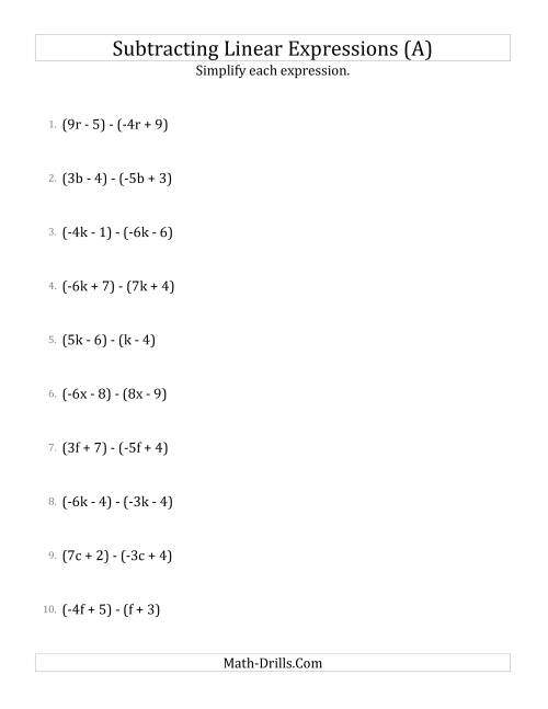 Subtracting And Simplifying Linear Expressions A 