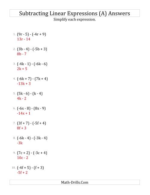 The Subtracting and Simplifying Linear Expressions (A) Math Worksheet Page 2