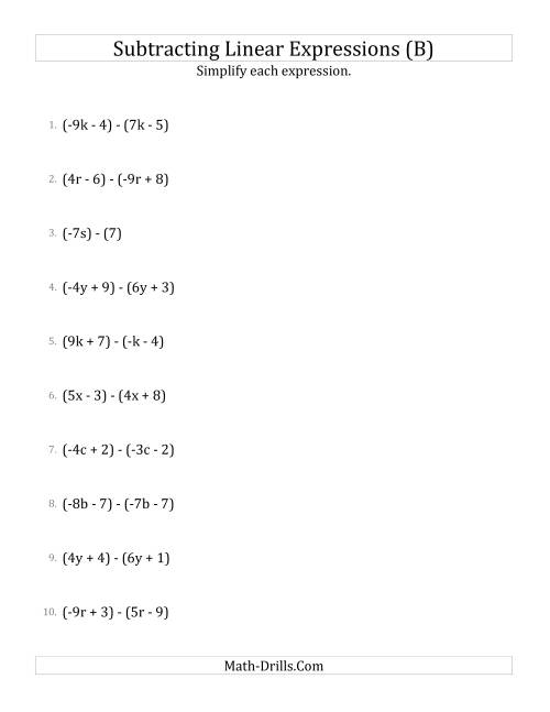 The Subtracting and Simplifying Linear Expressions (B) Math Worksheet