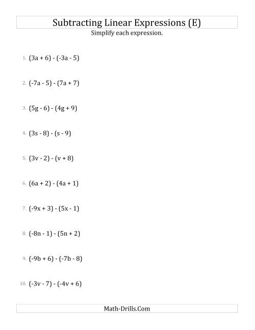 The Subtracting and Simplifying Linear Expressions (E) Math Worksheet