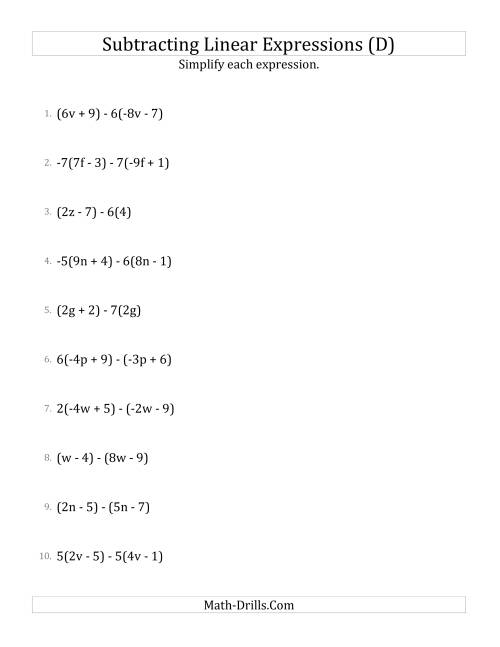 The Subtracting and Simplifying Linear Expressions with Some Multipliers (D) Math Worksheet