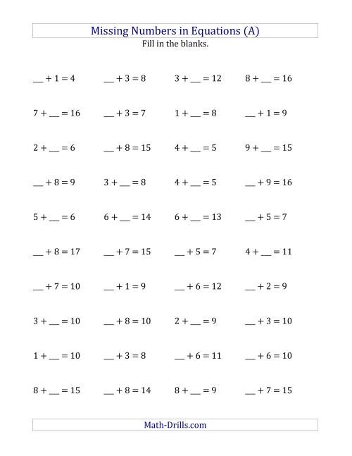 Missing Numbers In Equations Blanks Addition Range 1 To 9 A 