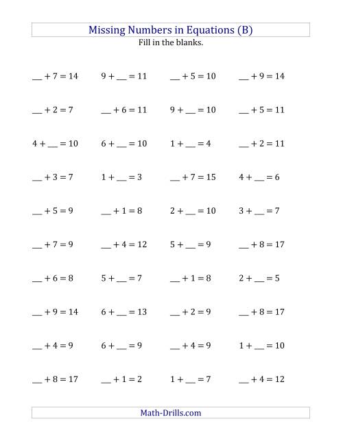 Missing Numbers in Equations (Blanks) -- Addition (Range 1 to 9) (B)