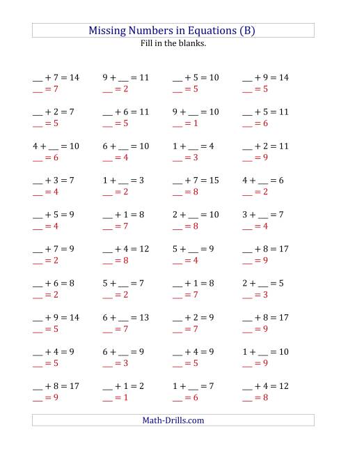 The Missing Numbers in Equations (Blanks) -- Addition (Range 1 to 9) (B) Math Worksheet Page 2