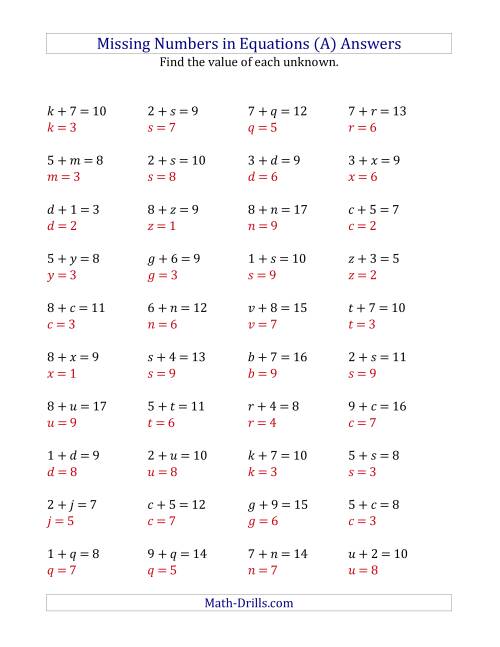 Missing Numbers In Equations Variables Addition Range 1 To 9 A 