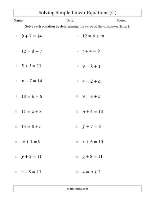 The Solving Simple Linear Equations with Letters as Unknowns (Addition Only; Range 1 to 9; Unknowns Never in Answer Position) (C) Math Worksheet