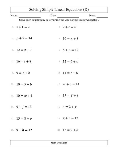 The Solving Simple Linear Equations with Letters as Unknowns (Addition Only; Range 1 to 9; Unknowns Never in Answer Position) (D) Math Worksheet