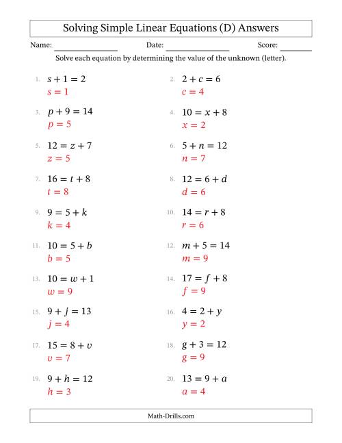 The Solving Simple Linear Equations with Letters as Unknowns (Addition Only; Range 1 to 9; Unknowns Never in Answer Position) (D) Math Worksheet Page 2