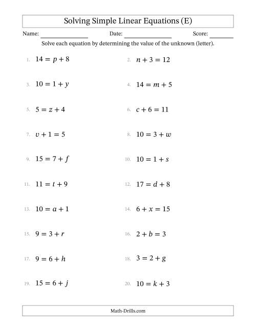 The Solving Simple Linear Equations with Letters as Unknowns (Addition Only; Range 1 to 9; Unknowns Never in Answer Position) (E) Math Worksheet