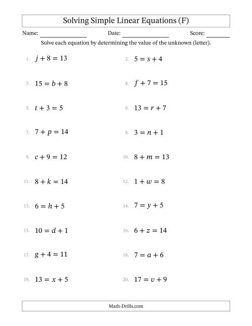 The Solving Simple Linear Equations with Letters as Unknowns (Addition Only; Range 1 to 9; Unknowns Never in Answer Position) (F) Math Worksheet