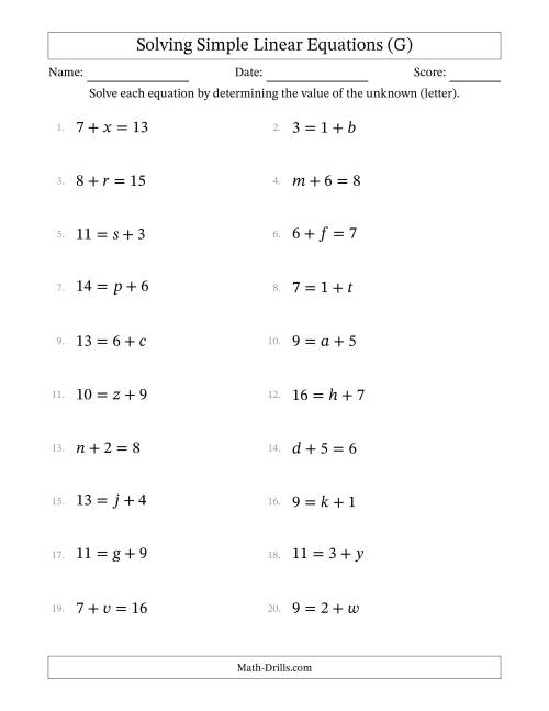 The Solving Simple Linear Equations with Letters as Unknowns (Addition Only; Range 1 to 9; Unknowns Never in Answer Position) (G) Math Worksheet