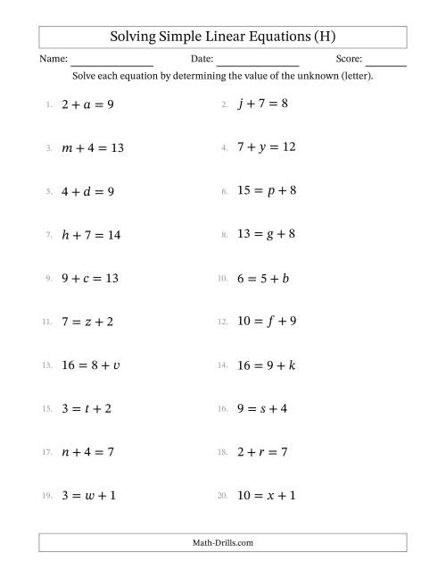 The Solving Simple Linear Equations with Letters as Unknowns (Addition Only; Range 1 to 9; Unknowns Never in Answer Position) (H) Math Worksheet