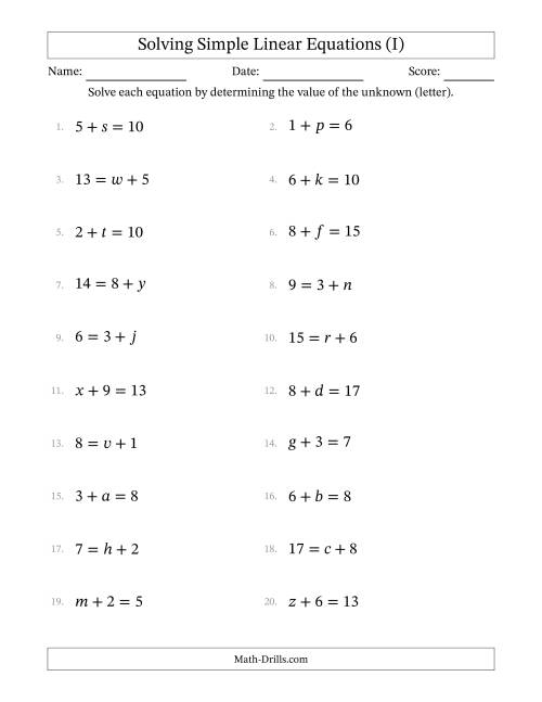 The Solving Simple Linear Equations with Letters as Unknowns (Addition Only; Range 1 to 9; Unknowns Never in Answer Position) (I) Math Worksheet