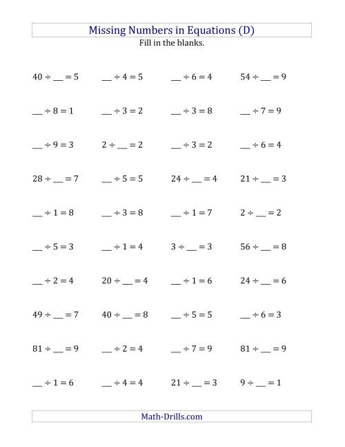The Missing Numbers in Equations (Blanks) -- Division (Range 1 to 9) (D) Math Worksheet