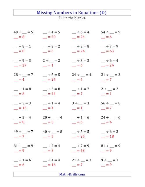 The Missing Numbers in Equations (Blanks) -- Division (Range 1 to 9) (D) Math Worksheet Page 2