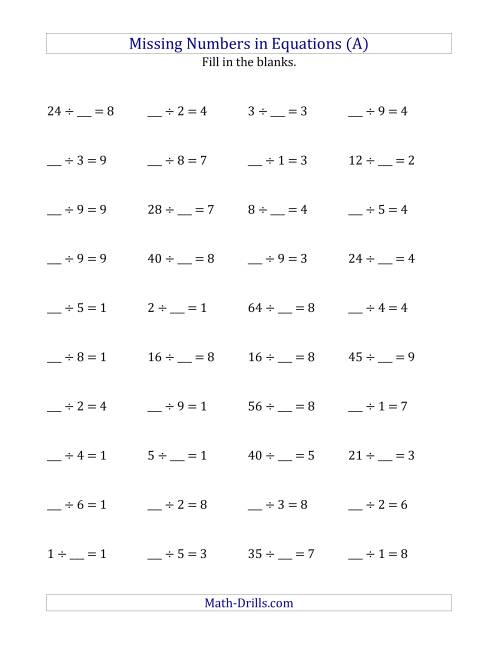 Missing Numbers In Equations Blanks Division Range 1 To 9 All 