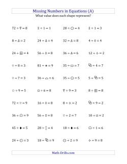 Missing Numbers in Equations (Symbols) -- Division (Range 1 to 9)