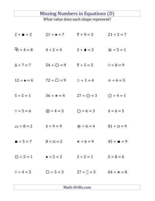 The Missing Numbers in Equations (Symbols) -- Division (Range 1 to 9) (D) Math Worksheet