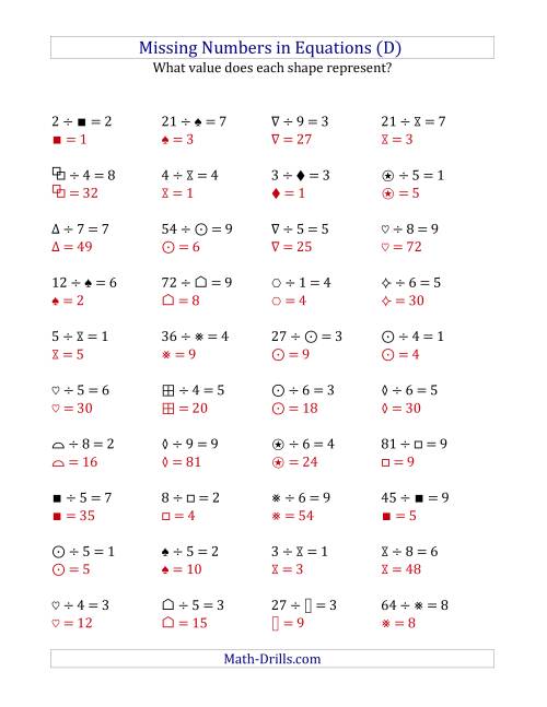 The Missing Numbers in Equations (Symbols) -- Division (Range 1 to 9) (D) Math Worksheet Page 2