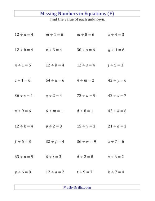 The Missing Numbers in Equations (Variables) -- Division (Range 1 to 9) (F) Math Worksheet